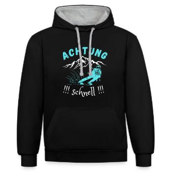 ACHTUNG SCHNELL SKI ABFAHRT SKIFAHRER BERGE MOTIV - Kontrast-Hoodie - Schwarz/Grau meliert - Vorne - Anna (173cm) & Nico (186cm)