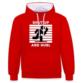 Hurling: Aufhalten und schleudern. - Kontrast-Hoodie - Rot/Weiß - Vorne - Liana (172cm) & Jaron (178cm)