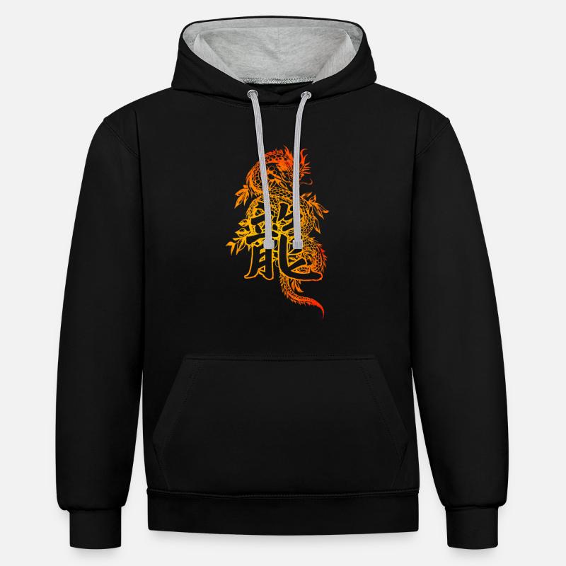 Drache mit chinesischen Schriftzeichen - Kontrast-Hoodie - Schwarz/Grau meliert