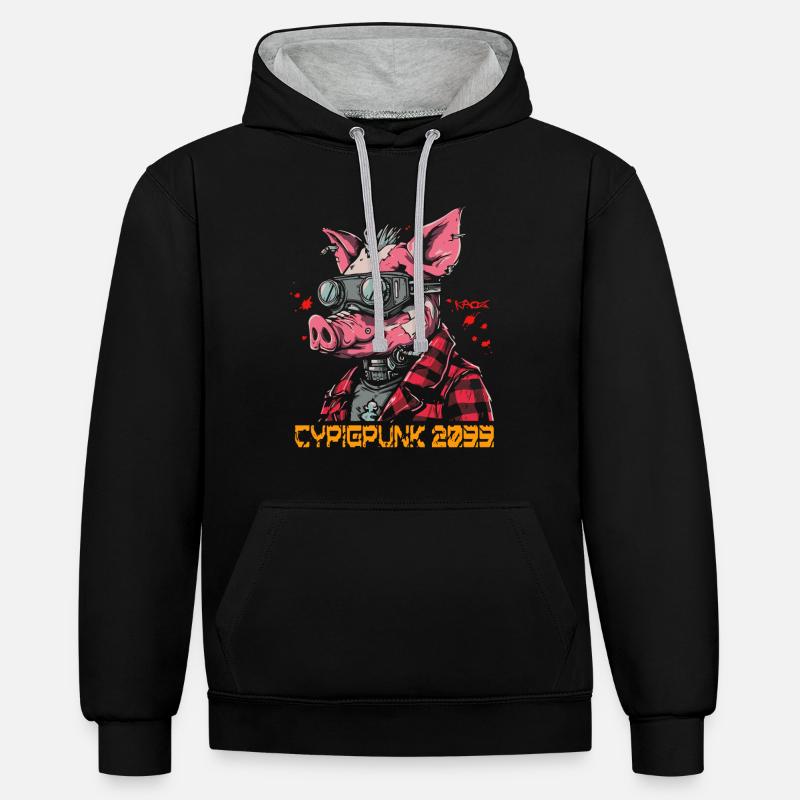Cyber Cochon Punk - Sweat à capuche contrasté - noir/gris chiné