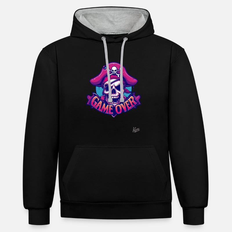 Skull Pirate : Game Over - Sweat à capuche contrasté - noir/gris chiné
