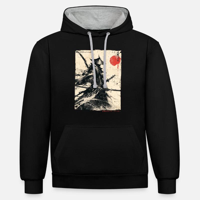 Samurai Fighter - Illustration japonaise Ukiyo-e - Sweat à capuche contrasté - noir/gris chiné