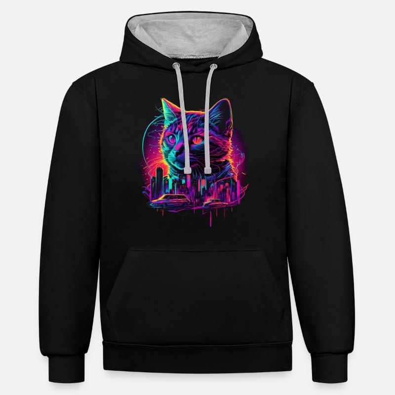 Synthwave Cat Sunset 80s Cadeau - Sweat à capuche contrasté - noir/gris chiné