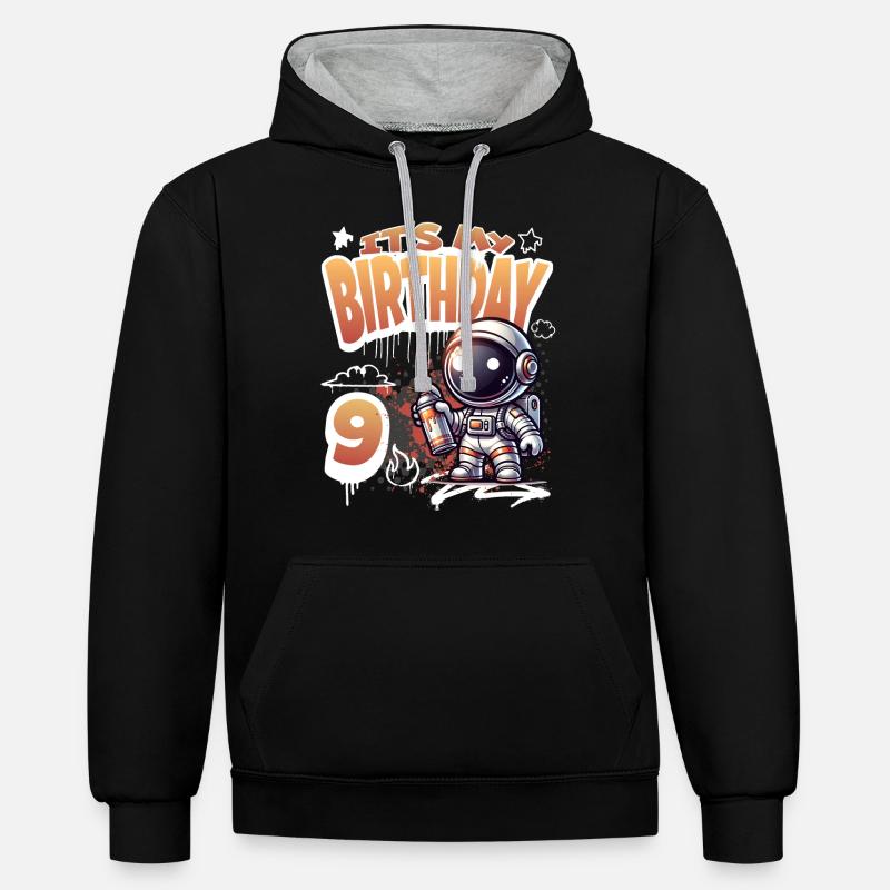 Graffiti astronaute 9e anniversaire - Sweat à capuche contrasté - noir/gris chiné