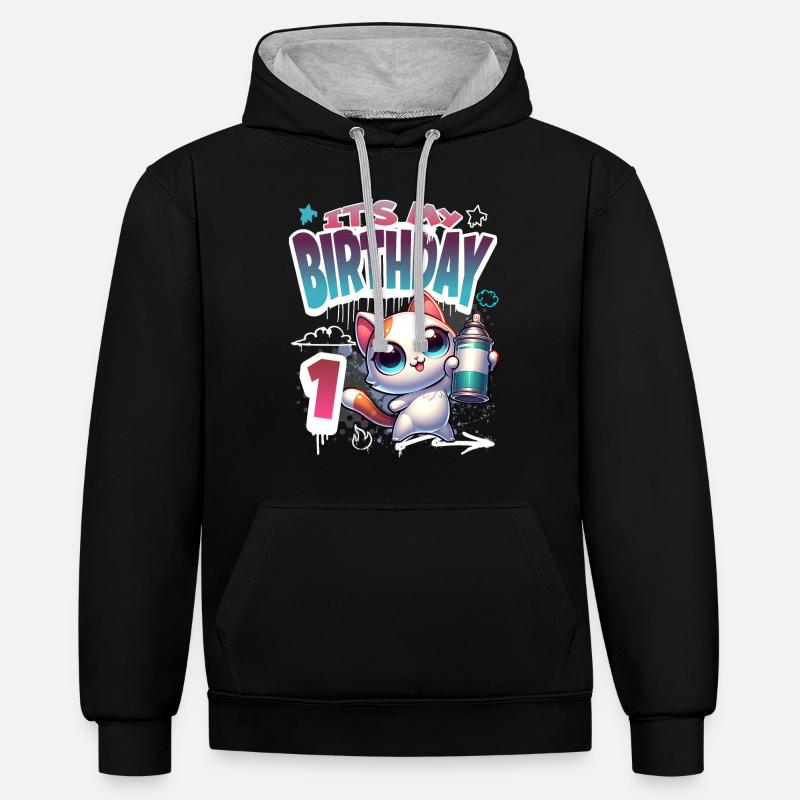 1er anniversaire chat graffiti - Sweat à capuche contrasté - noir/gris chiné