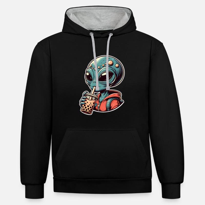 Alien Bubble Tea - Kontrast-Hoodie - Schwarz/Grau meliert