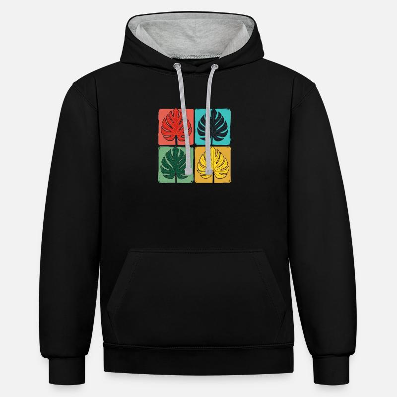 Grille de feuilles Retro Monstera - Sweat à capuche contrasté - noir/gris chiné