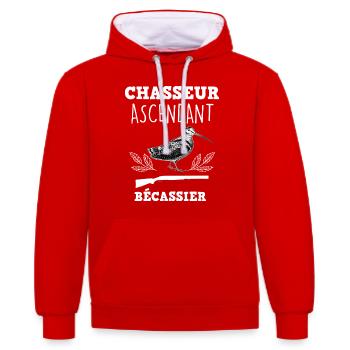 Chasser la bonne bécasse humour chasseur - Sweat à capuche contrasté - rouge/blanc - Devant - Liana (172cm) & Jaron (178cm)