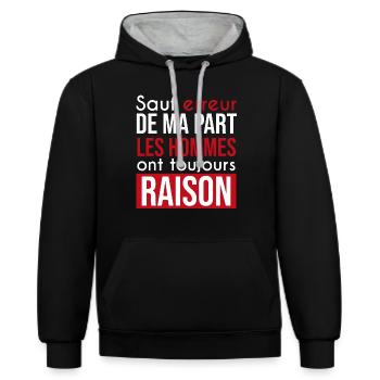 hommes toujours raison | misogyne et marrant - Sweat à capuche contrasté - noir/gris chiné - Devant - Anna (173cm) & Nico (186cm)