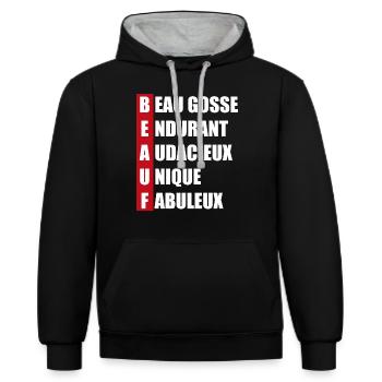 beauf acrostiche | cadeau bien beauf et original - Sweat à capuche contrasté - noir/gris chiné - Devant - Anna (173cm) & Nico (186cm)