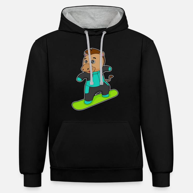 Cheval comme snowboarder avec snowboard - Sweat à capuche contrasté - noir/gris chiné