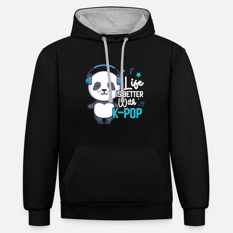 K-Pop Panda - Kontrast-Hoodie - Schwarz/Grau meliert