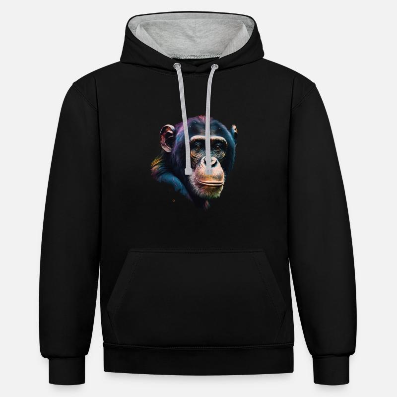 Portrait de singe chimpanzé - Sweat à capuche contrasté - noir/gris chiné
