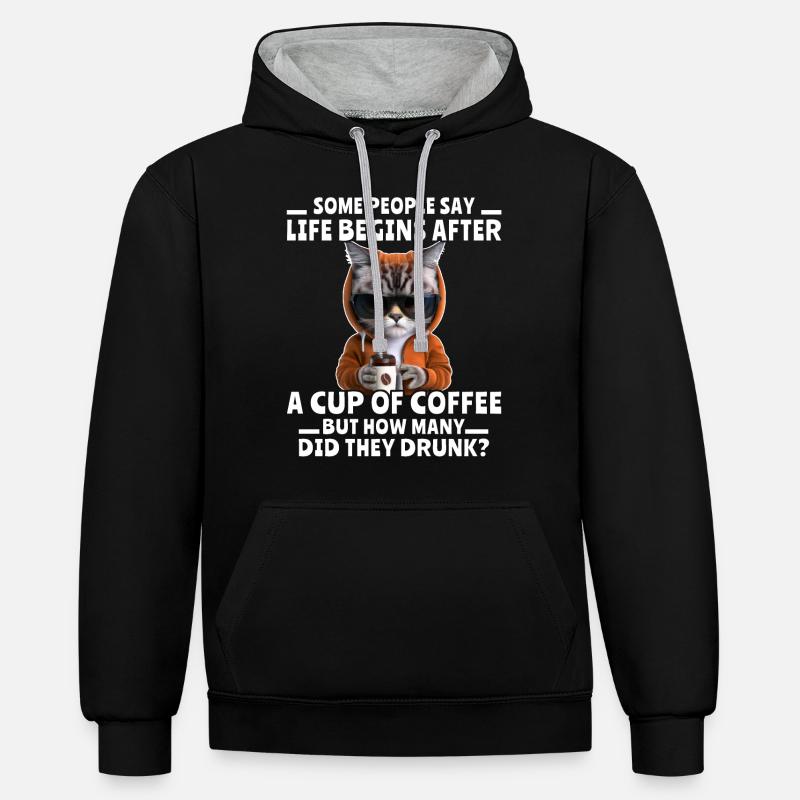 Kaffee Katze Kaffeetrinker - Kontrast-Hoodie - Schwarz/Grau meliert
