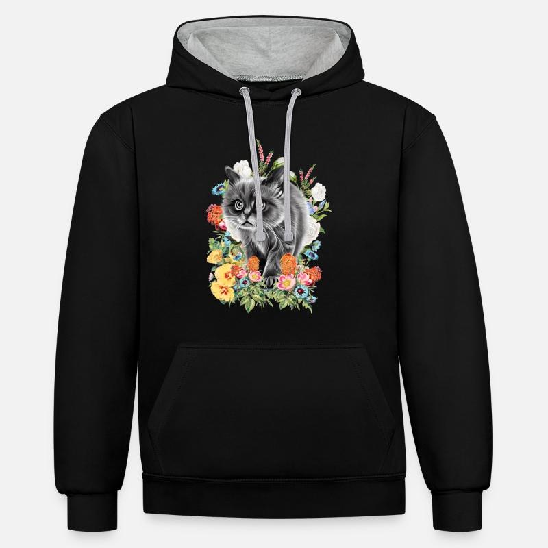 Fleurs de chat - Sweat à capuche contrasté - noir/gris chiné