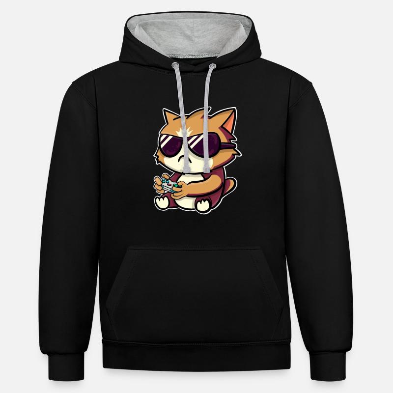 Chat joueur de jeu - Sweat à capuche contrasté - noir/gris chiné