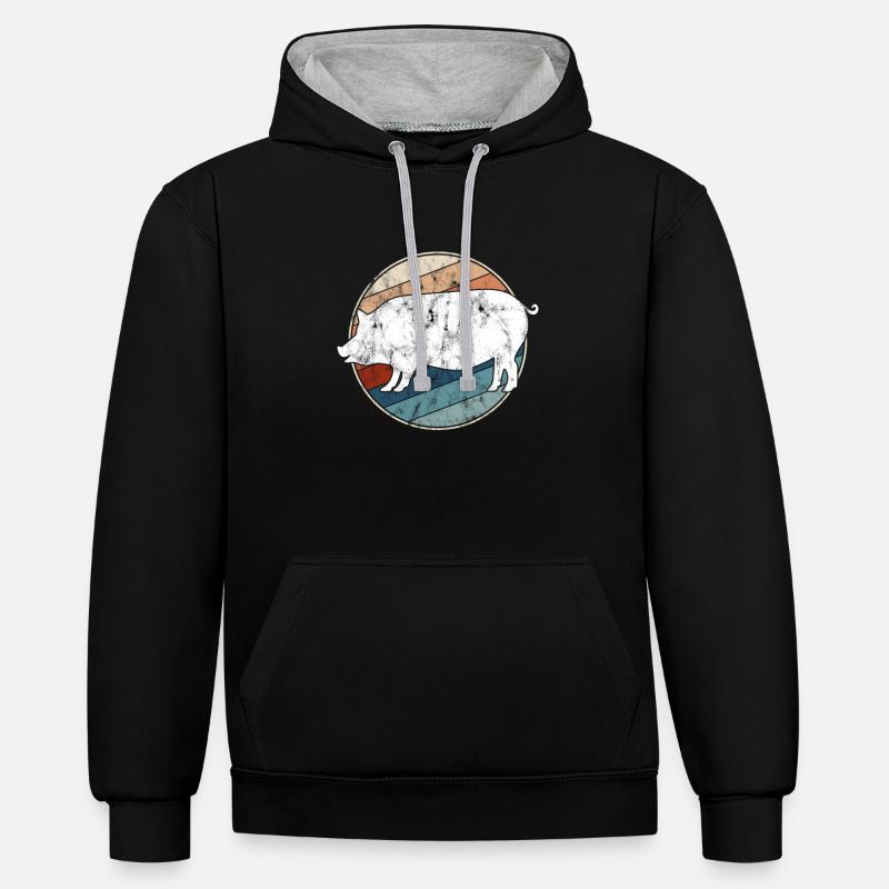 Cochon Rétro - Sweat à capuche contrasté - noir/gris chiné