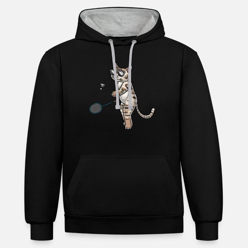 Drôle de chat de badminton - Sweat à capuche contrasté - noir/gris chiné