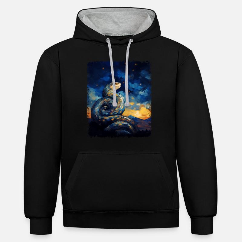 Kugelpython Schlange Sternennacht Gemälde - Kontrast-Hoodie - Schwarz/Grau meliert
