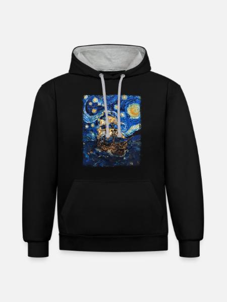 Piratenschiff Sternennacht Gemälde - Kontrast-Hoodie - Schwarz/Grau meliert