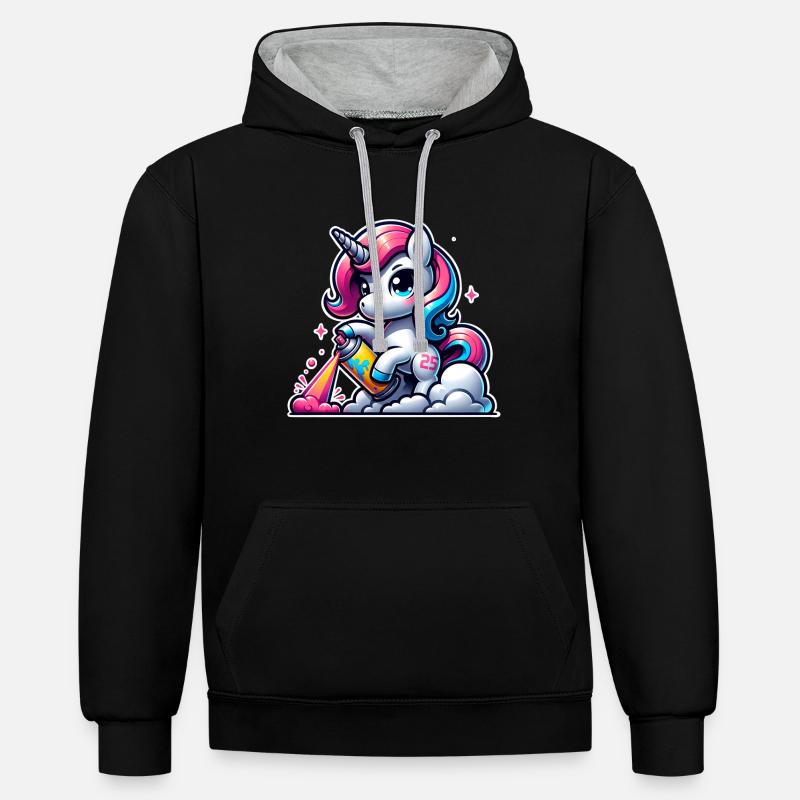 Graffiti Licorne - Sweat à capuche contrasté - noir/gris chiné