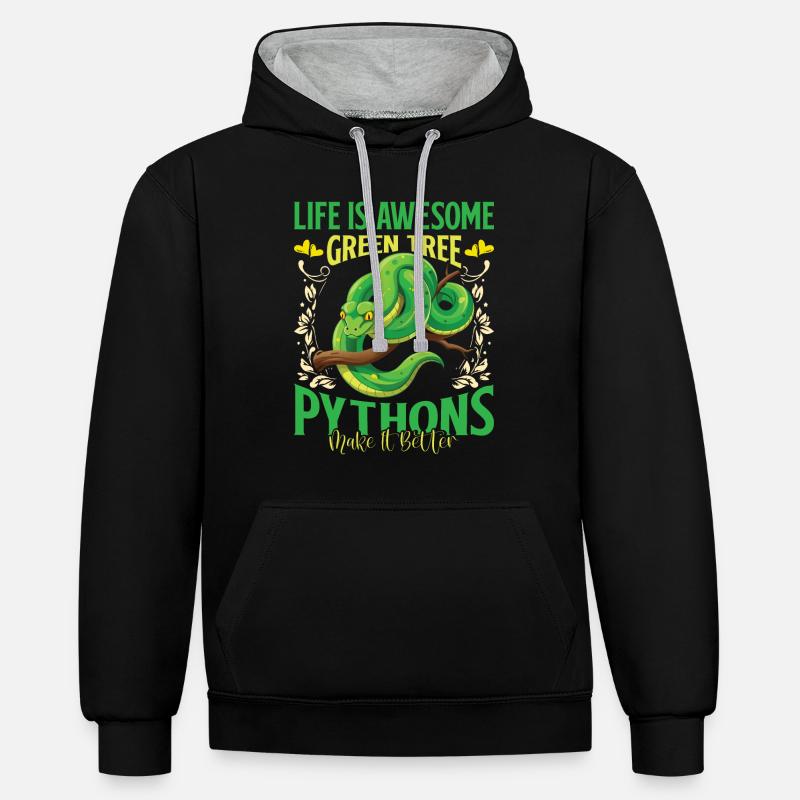 Green Tree Python - Kontrast-Hoodie - Schwarz/Grau meliert