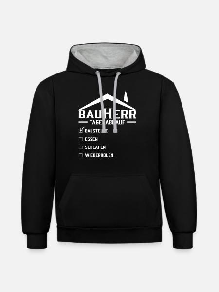 Bauherr Tagesablauf - Kontrast-Hoodie - Schwarz/Grau meliert
