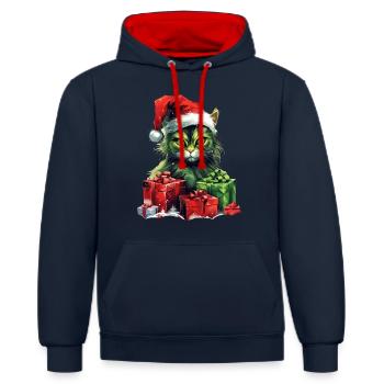 Katze Weihnachten Weihnachtselfe Geschenke Mütze - Kontrast-Hoodie - Navy/Rot - Vorne - Anna (173cm) & Nico (186cm)