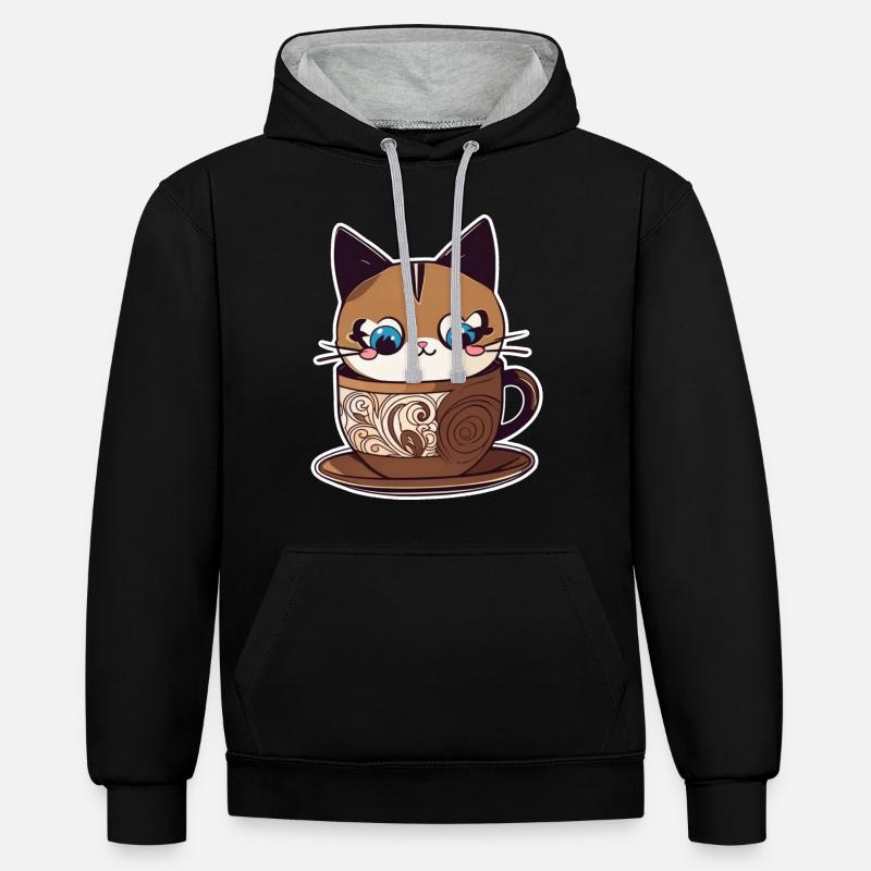 Chat de café mignon - Sweat à capuche contrasté - noir/gris chiné