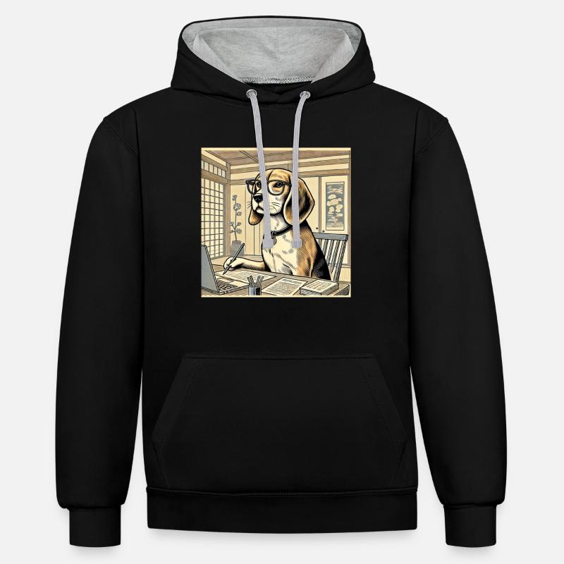 Beagle au bureau - style ukiyo-e - Sweat à capuche contrasté - noir/gris chiné