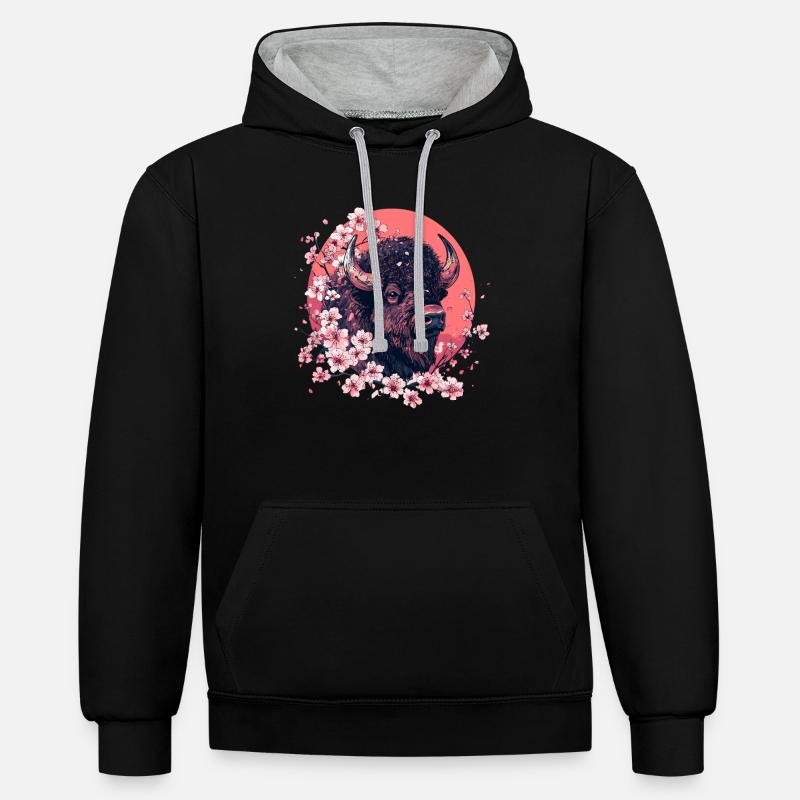 Bison mit Kirschblüten - Kontrast-Hoodie - Schwarz/Grau meliert