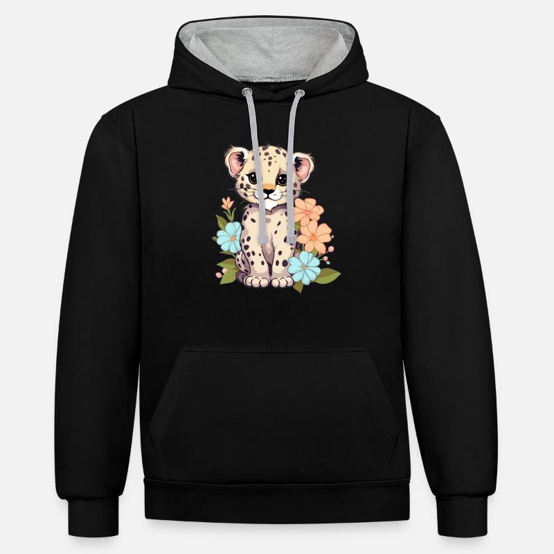 Léopard à fleurs - Sweat à capuche contrasté - noir/gris chiné