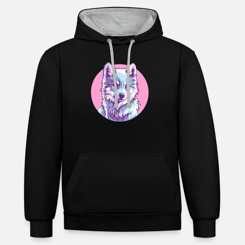 Loup arctique en rose - Sweat à capuche contrasté - noir/gris chiné