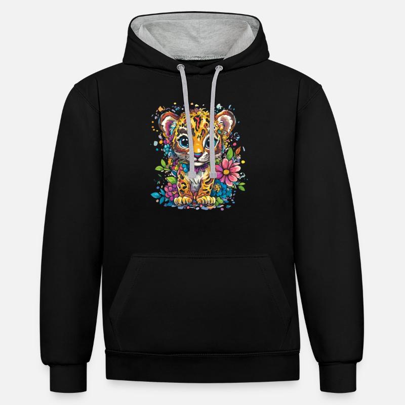 Petit léopard à fleurs - Sweat à capuche contrasté - noir/gris chiné