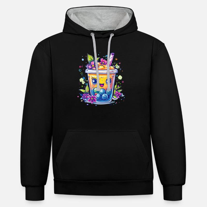 Fruchtiger Bubble Tea - Kontrast-Hoodie - Schwarz/Grau meliert