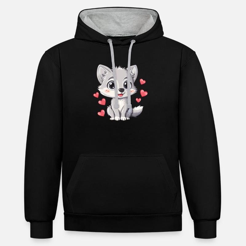 Loup mignon avec des coeurs - Sweat à capuche contrasté - noir/gris chiné