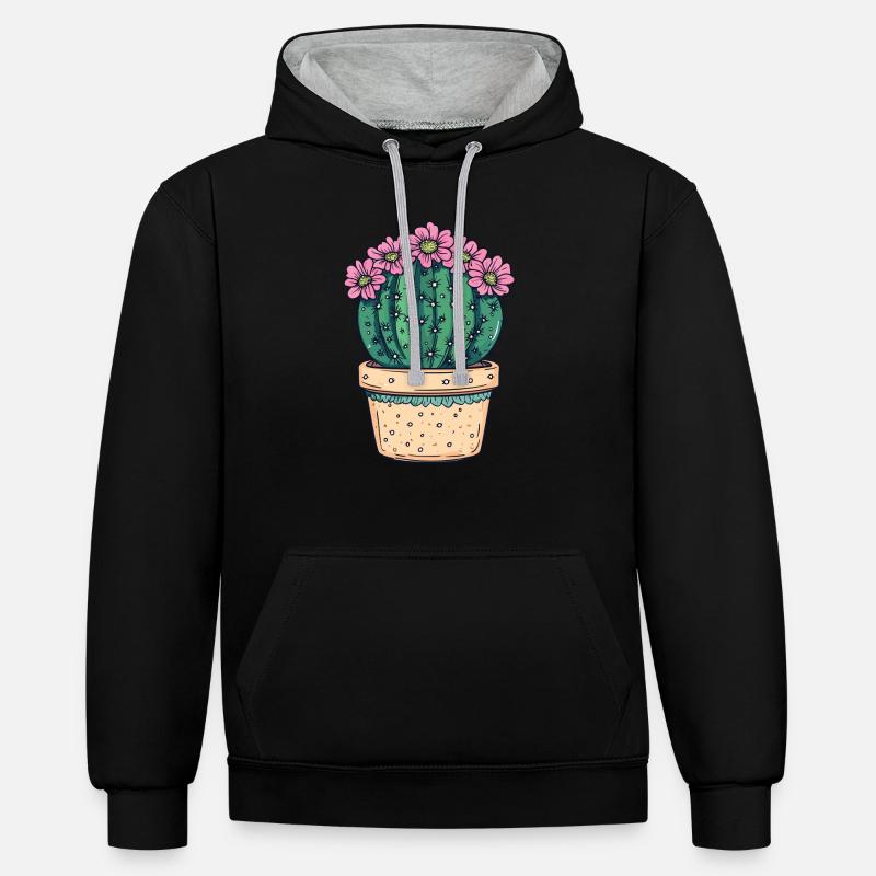 Cactus en pot fleuri - Sweat à capuche contrasté - noir/gris chiné