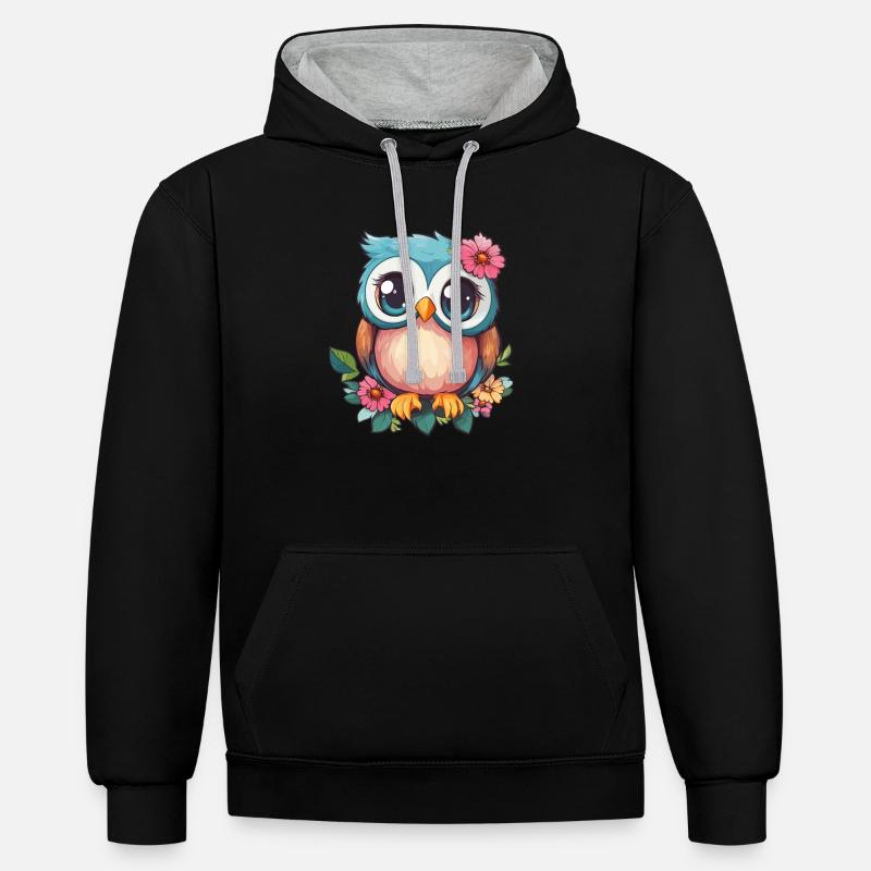 Blümchen Eule mit Charme - Kontrast-Hoodie - Schwarz/Grau meliert