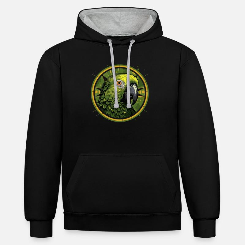 Tête de perroquet vert - Sweat à capuche contrasté - noir/gris chiné