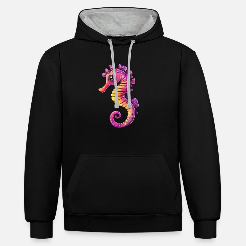 Buntes Seepferdchen Comic - Kontrast-Hoodie - Schwarz/Grau meliert