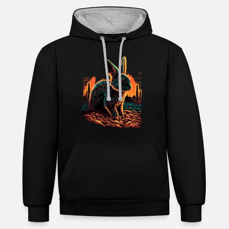 Cadeau Rabbit Synthwave Sunset - Sweat à capuche contrasté - noir/gris chiné