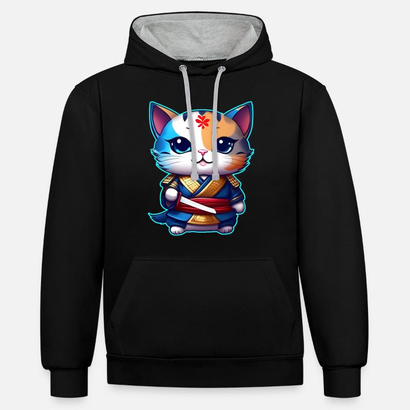 Mignon chat samouraï - Sweat à capuche contrasté - noir/gris chiné