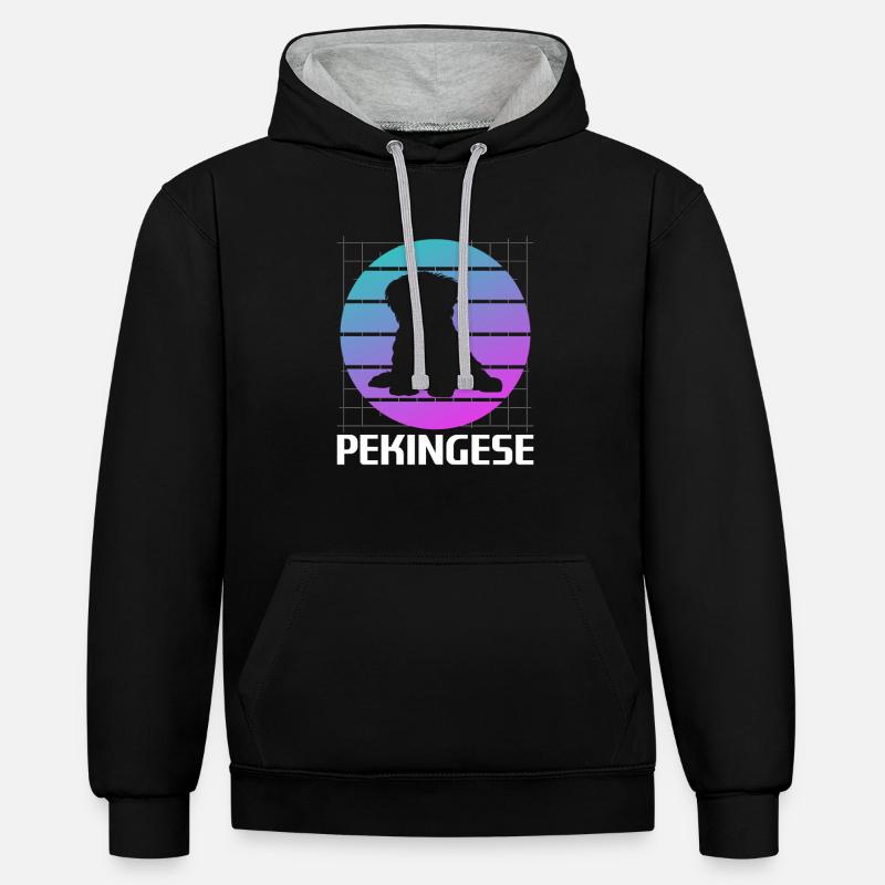 Rétro Pékinois Dog Lover - Sweat à capuche contrasté - noir/gris chiné
