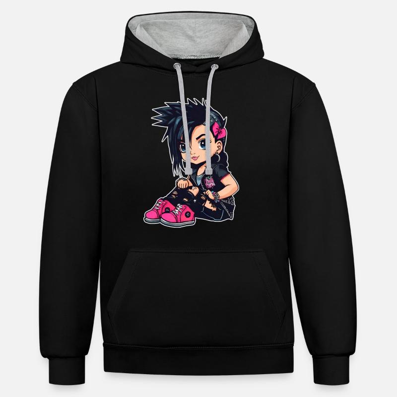 Fille punk gothique cool - Sweat à capuche contrasté - noir/gris chiné