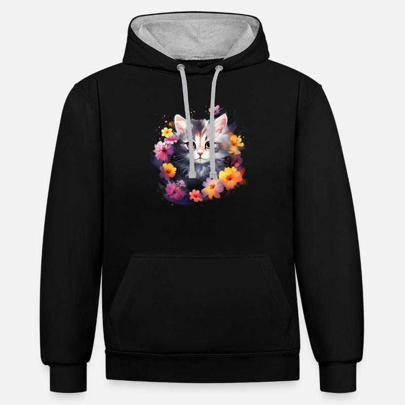 Chat Fleurs Drôle Cadeau - Sweat à capuche contrasté - noir/gris chiné