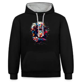 Bunter Schimpanse Kunstwerk Schimpansen - Kontrast-Hoodie - Schwarz/Grau meliert - Vorne - Anna (173cm) & Nico (186cm)
