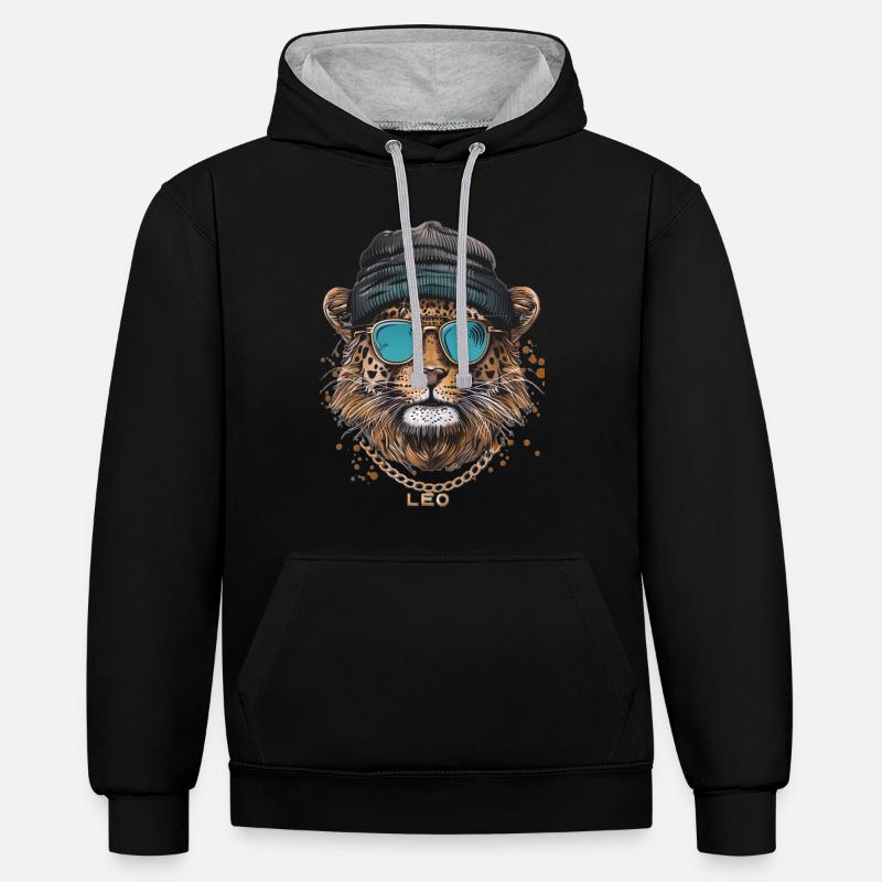 Léopard - Sweat à capuche contrasté - noir/gris chiné