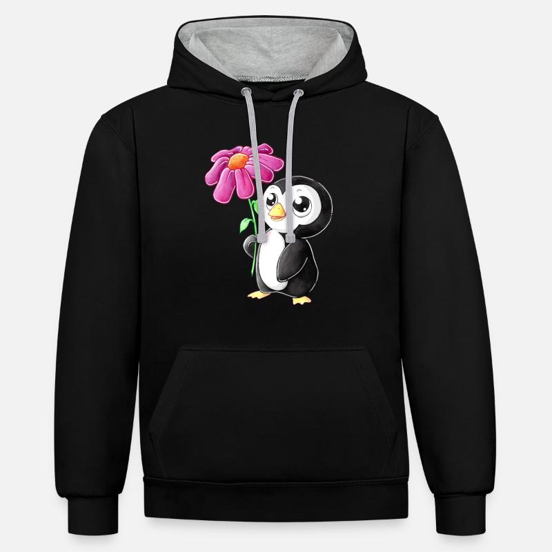 Pingouin de dessin animé mignon - Sweat à capuche contrasté - noir/gris chiné