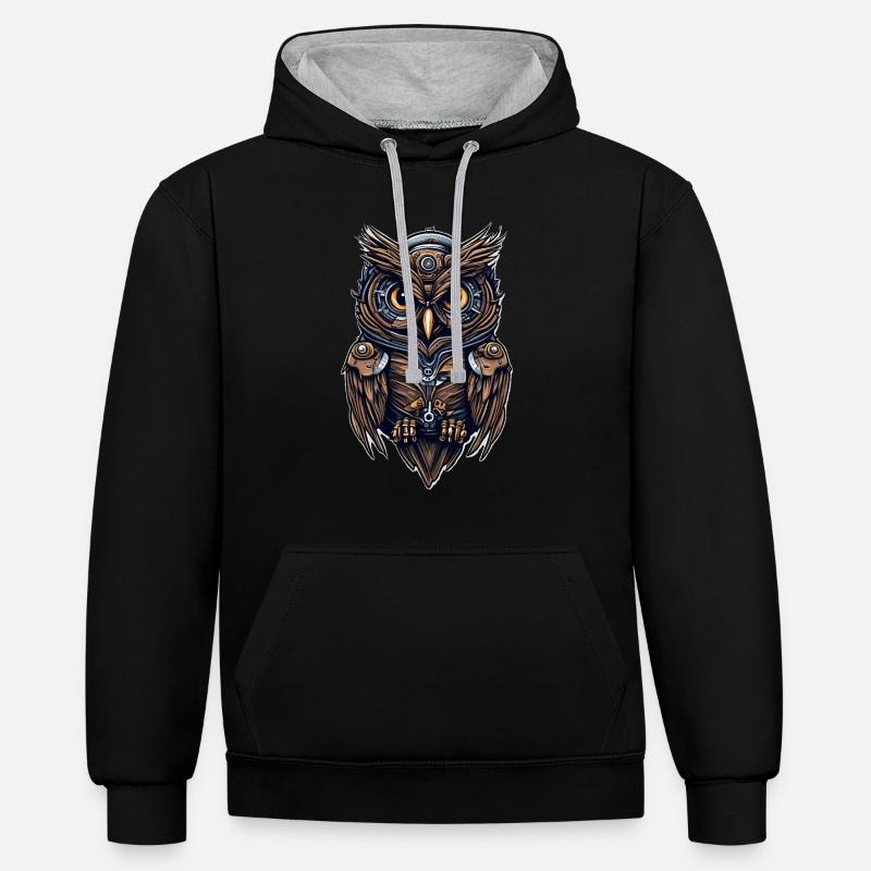 Steampunk Eule - Kontrast-Hoodie - Schwarz/Grau meliert