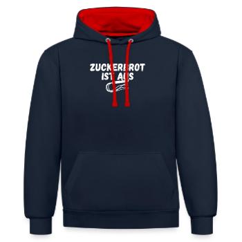 Zuckerbrot ist aus schwarzer Humor, die gute Zeit - Kontrast-Hoodie - Navy/Rot - Vorne - Anna (173cm) & Nico (186cm)